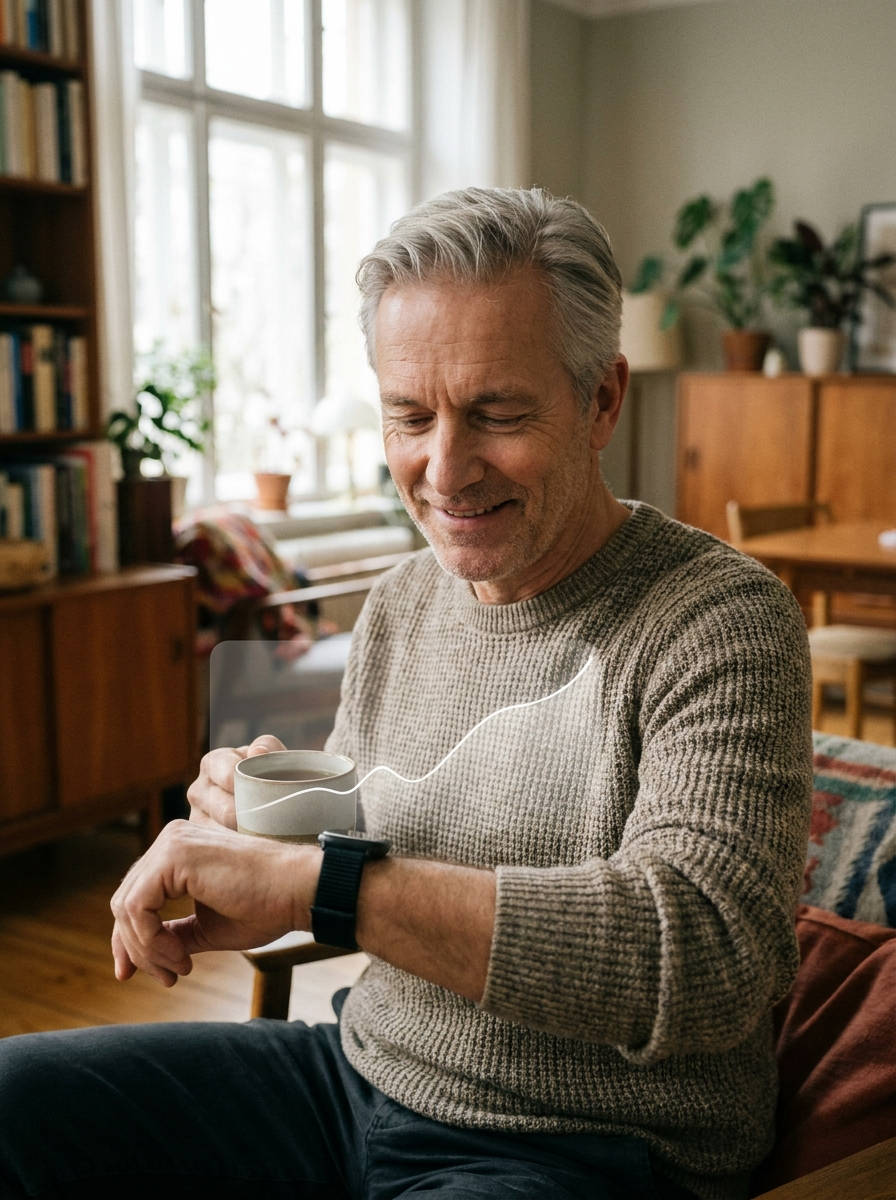 Mann beobachtet seinen Blutdruck-Verlauf am Fitness-Armband