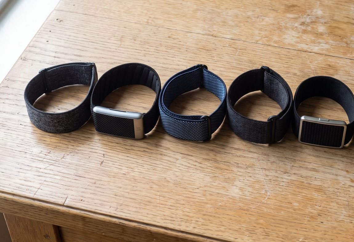 Fünf Fitnessarmbänder ohne Display nebeneinander auf einem Holztisch