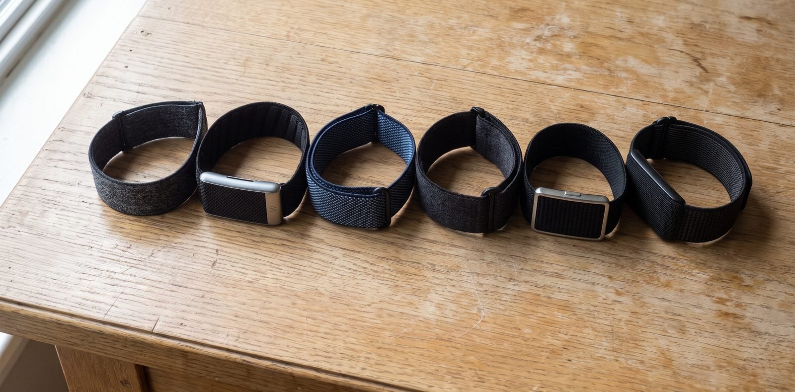 Sechs Fitnessarmbänder ohne Display nebeneinander auf einem Holztisch